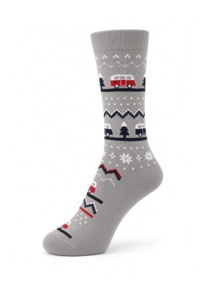Camper Van Patterned Christmas Themed Grey Men Crew Socks Camper Van Patterned Christmas Themed Grey Men Crew Socks