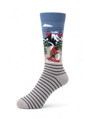 Skiing Bear and Cable Car Patterned Grey Blue Men Crew Socks Skiing Bear and Cable Car Patterned Grey Blue Men Crew Socks