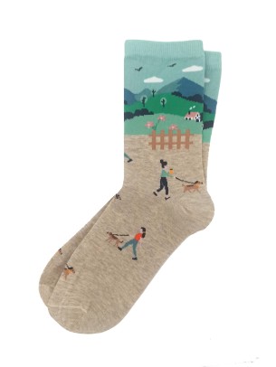 Dog Walking Scene Beige Women Socks Dog Walking Scene Beige Women Socks