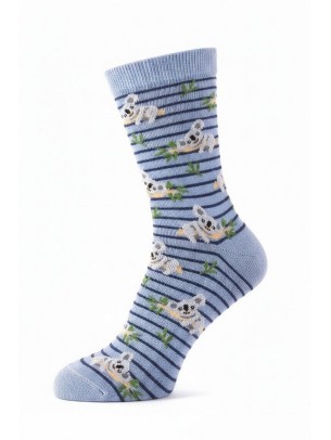 Koala Patterned Striped Blue Women Crew Socks Koala Patterned Striped Blue Women Crew Socks