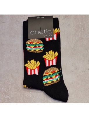 Siyah Hamburger Patates Desenli Soket Çorap