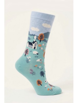 Sheep and Nature Themed Green Women Crew Socks Sheep and Nature Themed Green Women Crew Socks