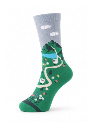 Sheep and Nature Themed Green Women Crew Socks Sheep and Nature Themed Green Women Crew Socks