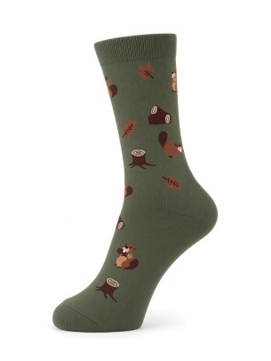 Squirrel Patterned Cotton Green Women Crew Socks Squirrel Patterned Cotton Green Women Crew Socks