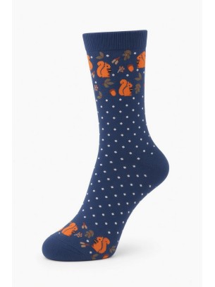 Squirrel and Acorn Patterned Cotton Blue Women Crew Socks Squirrel and Acorn Patterned Cotton Blue Women Crew Socks