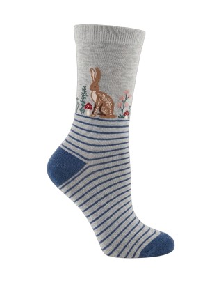 Rabbit Patterned Striped Grey Women Crew Socks Rabbit Patterned Striped Grey Women Crew Socks